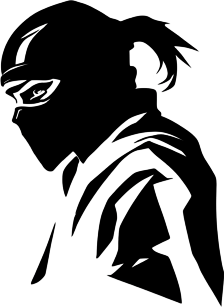 Mysterious ninja silhouette emerges from shadowy black stencil. AI-generated. png