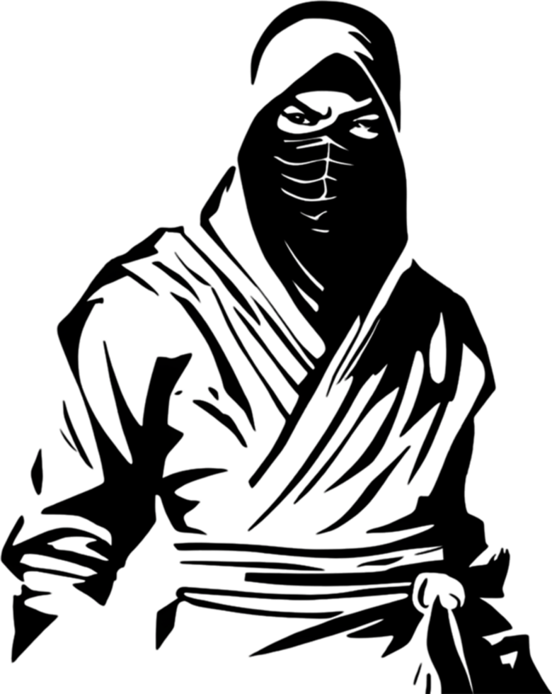 Mysterious ninja silhouette emerges from shadowy black stencil. AI-generated. png