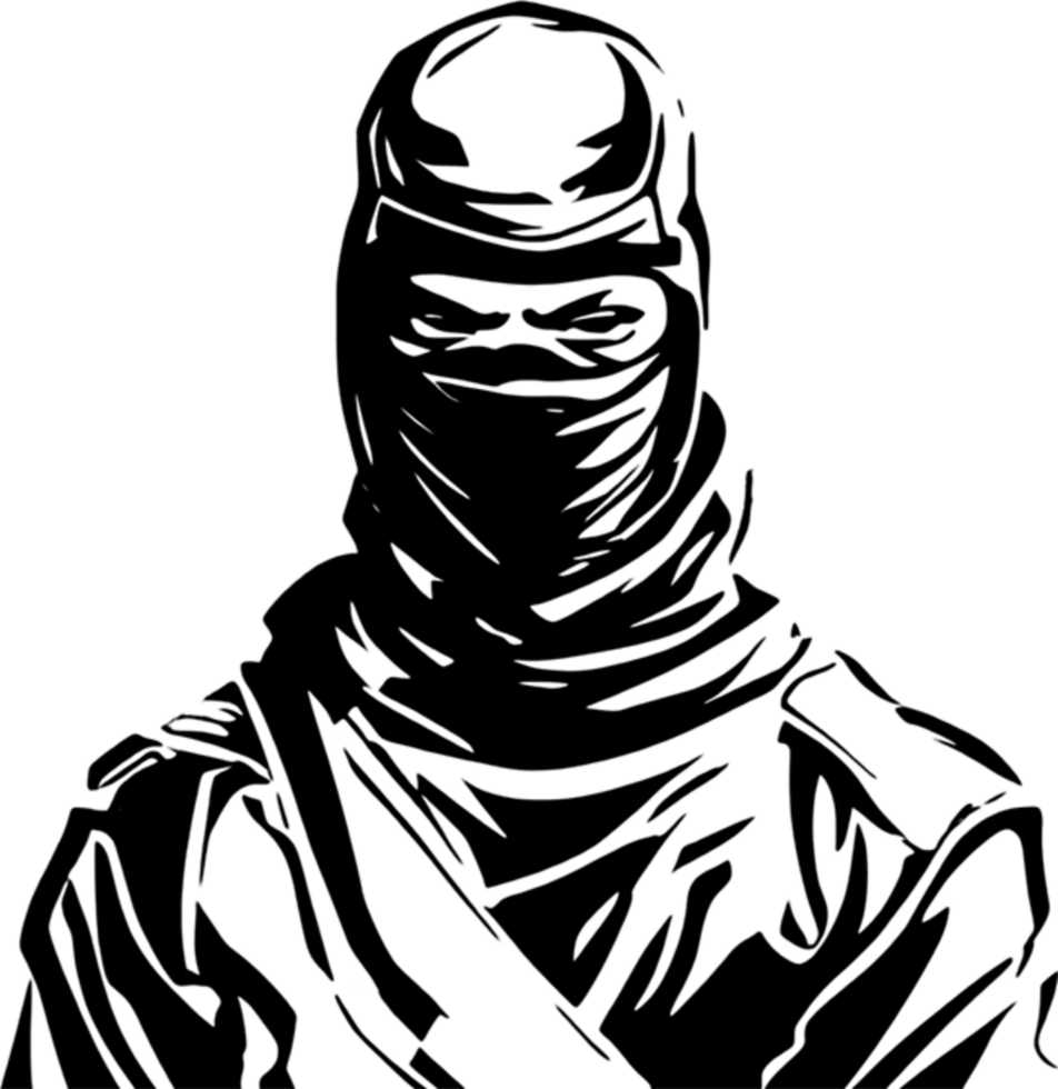 Mysterious ninja silhouette emerges from shadowy black stencil. AI-generated. png