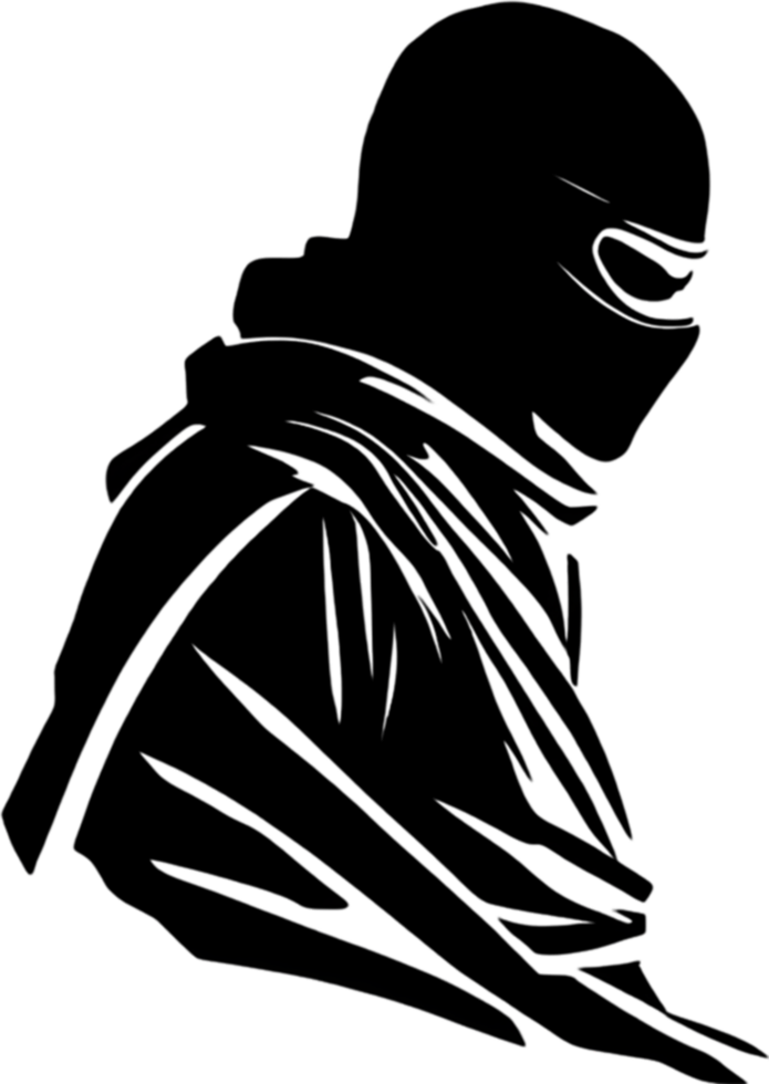 Mysterious ninja silhouette emerges from shadowy black stencil. AI-generated. png