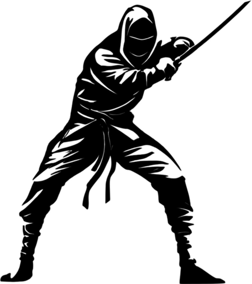 Full-body Ninja black stencil dynamic silhouette for artistic projects. AI-generated. png