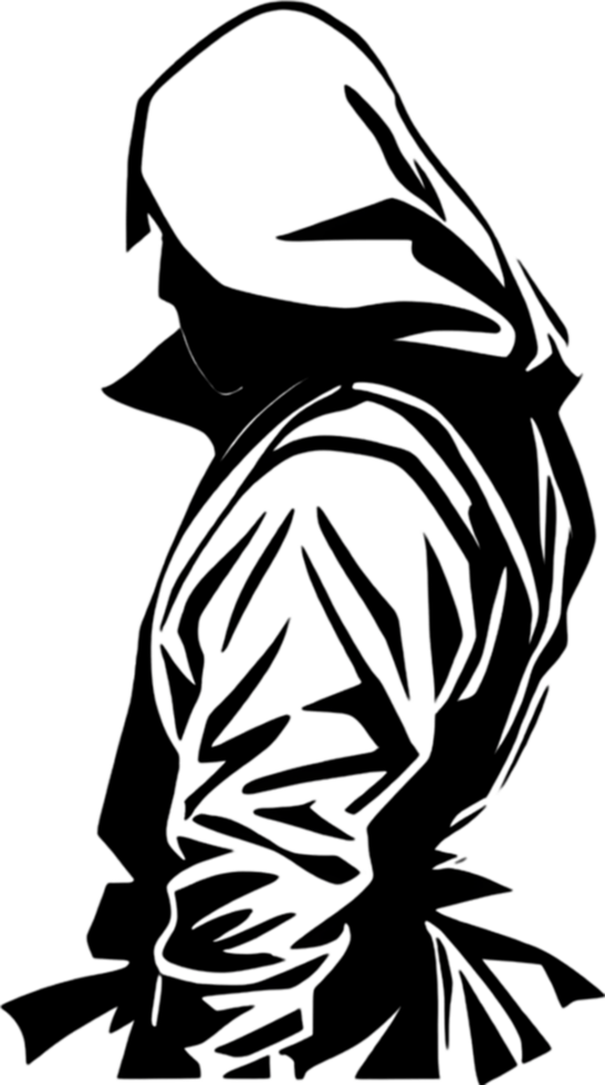 Mysterious ninja silhouette emerges from shadowy black stencil. AI-generated. png