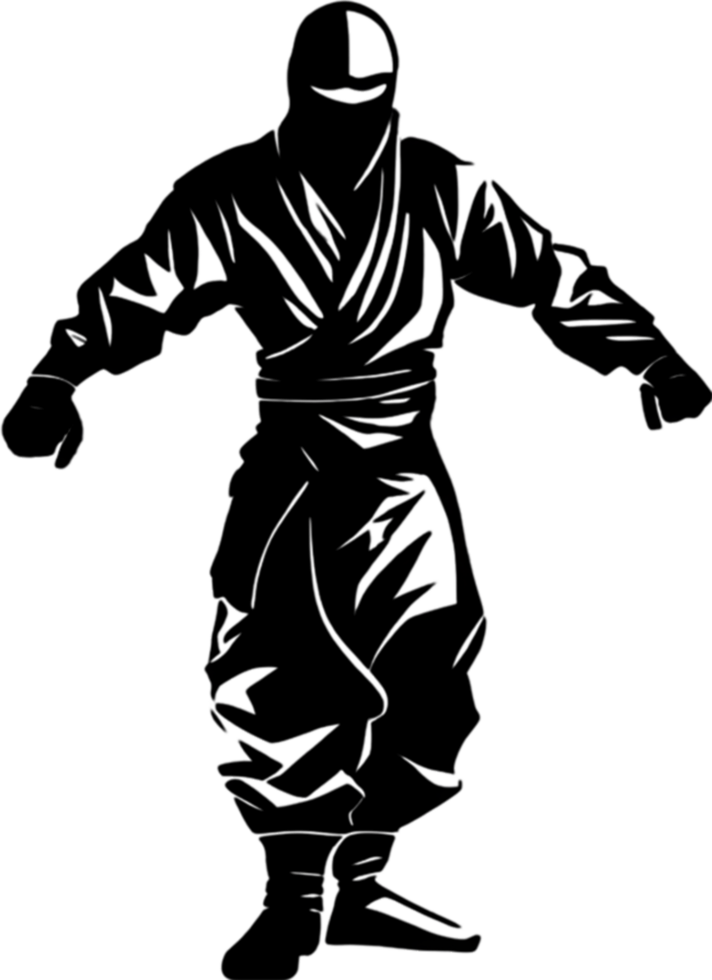 Full-body Ninja black stencil dynamic silhouette for artistic projects. AI-generated. png