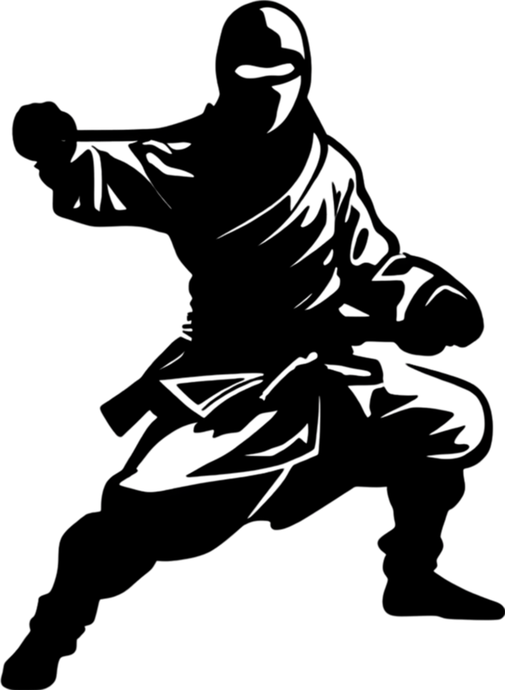 Full-body Ninja black stencil dynamic silhouette for artistic projects. AI-generated. png