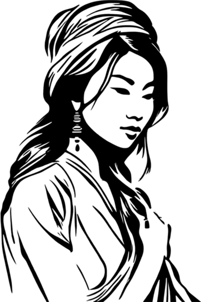 A striking black stencil of a beautiful Asian girl. AI-generated. png