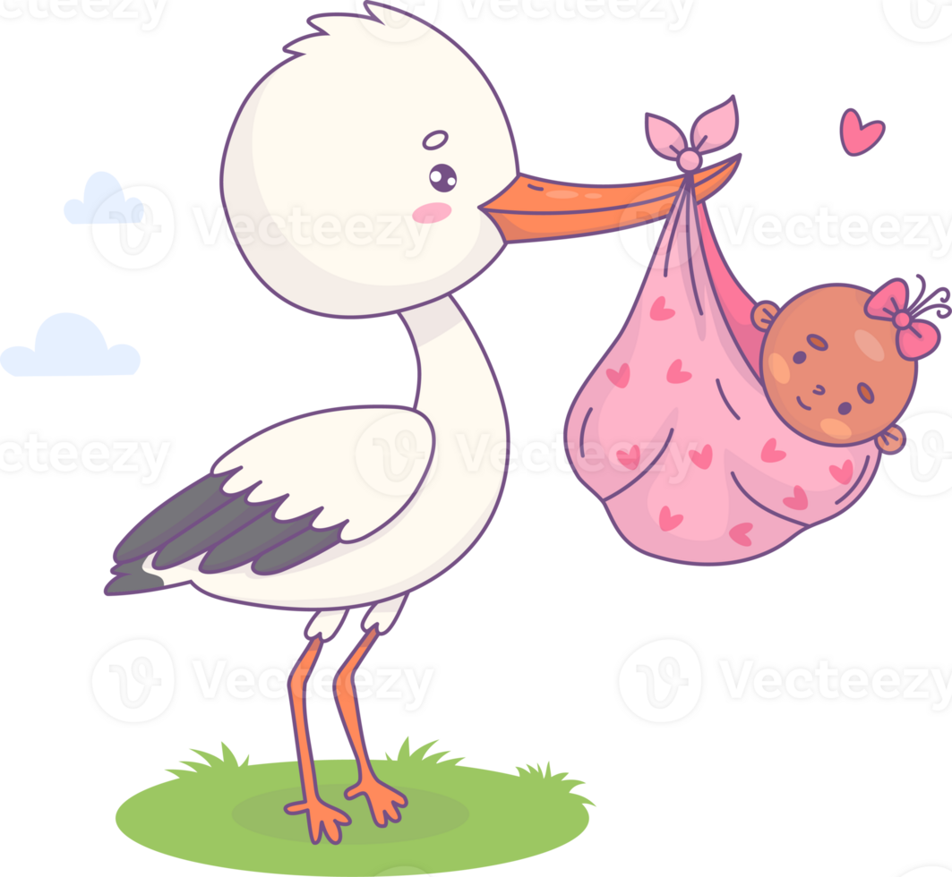 Stork standing with black ethnic newborn baby girl png