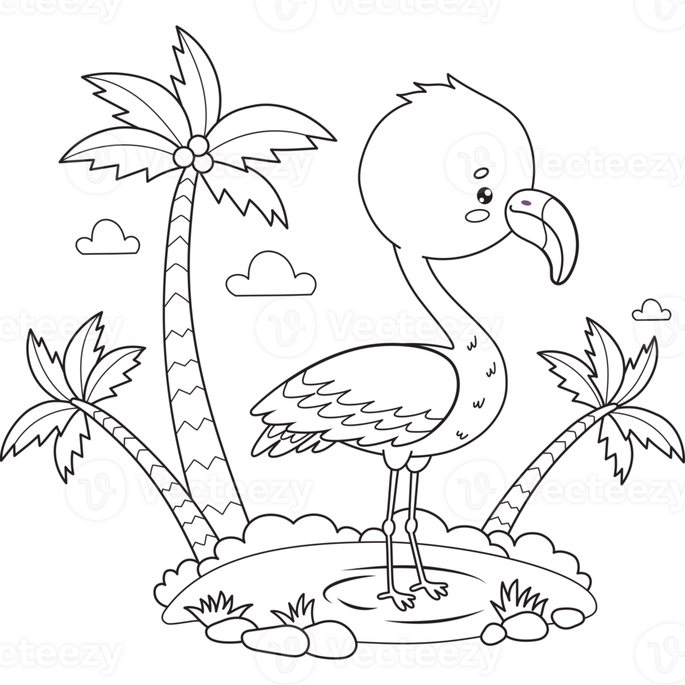 Outline flamingo with tropical palm trees png
