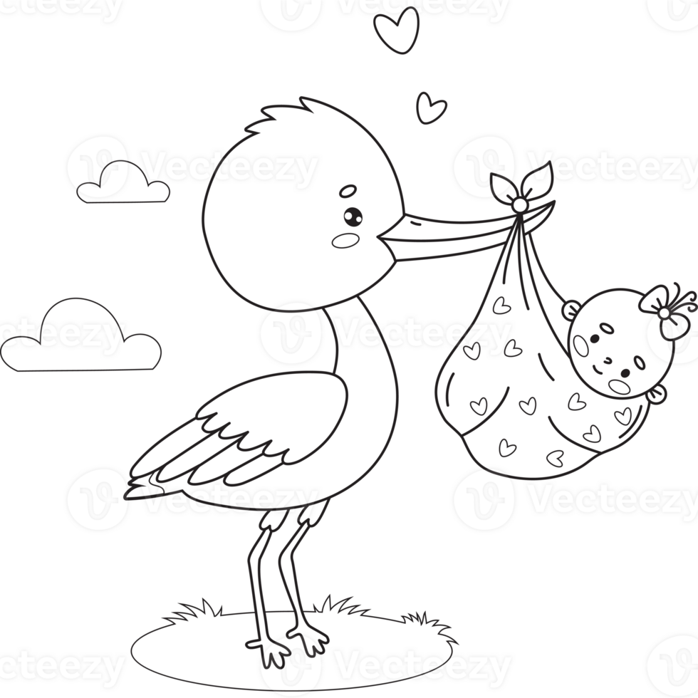 Outline stork with newborn baby girl png