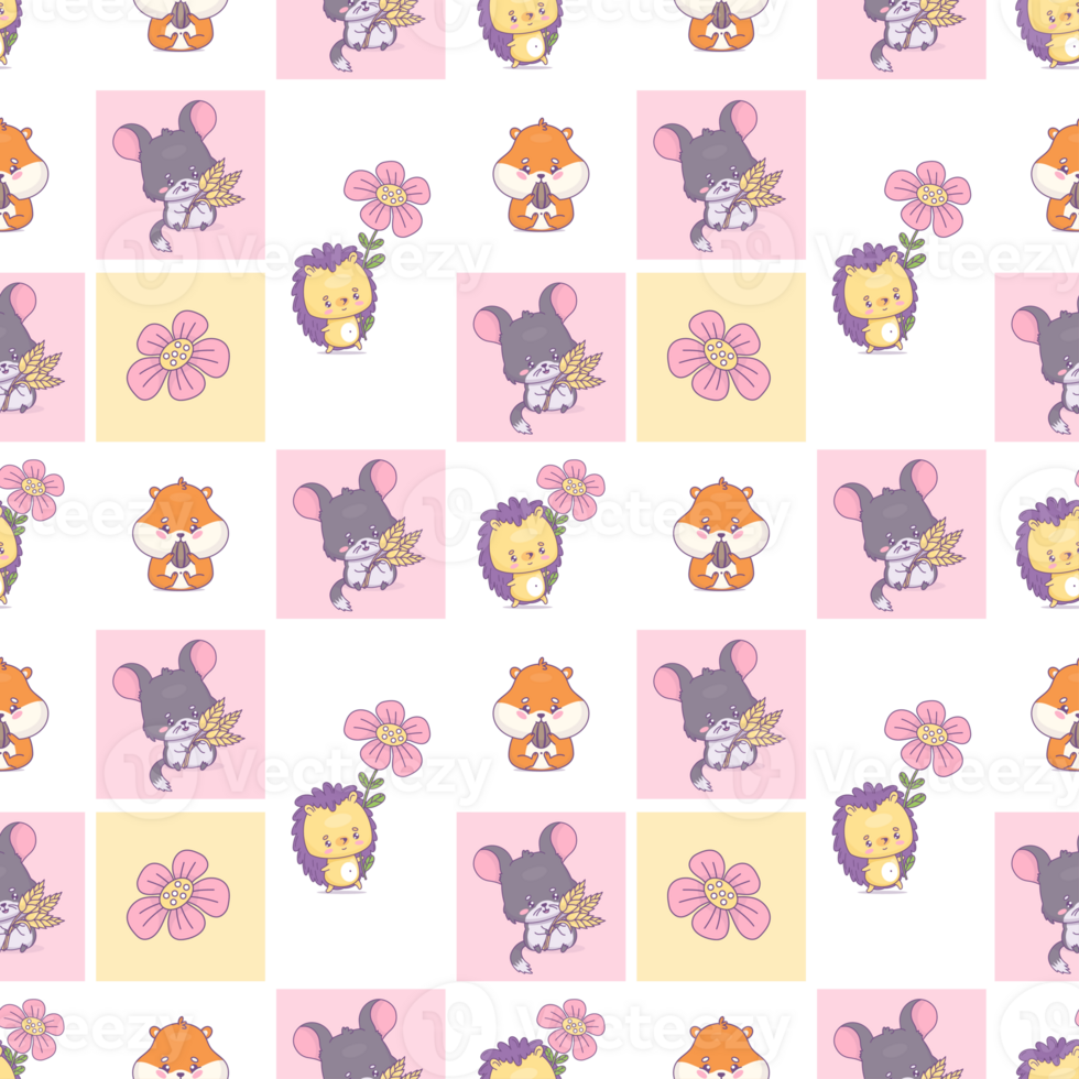 Seamless pattern with cute chinchilla, hamster and hedgehog png