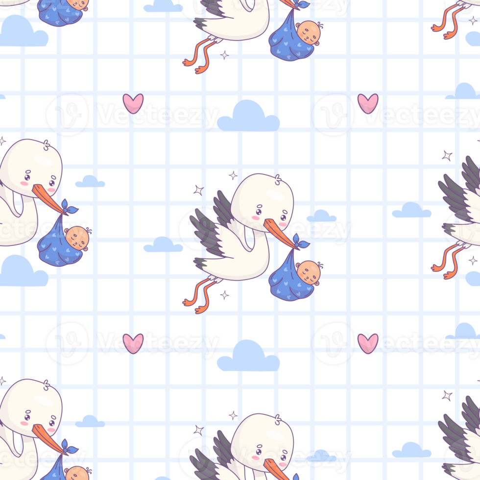 Seamless pattern with flying stork with baby boy png