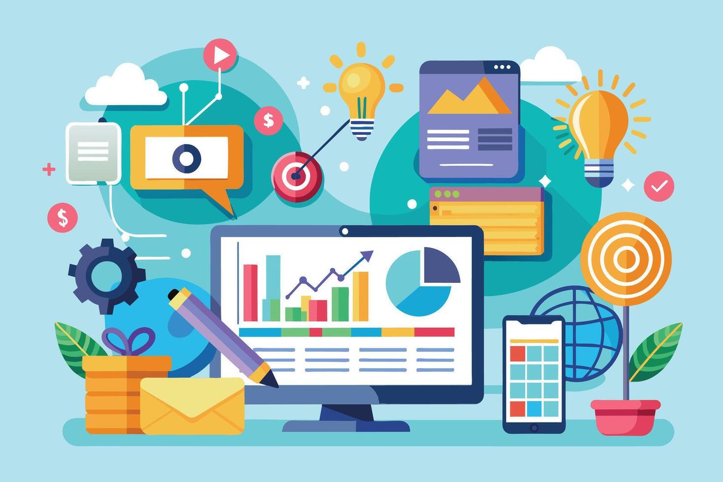 Illustration depicting a variety of digital marketing strategies and tactics, including SEO, content marketing, social media, email marketing, and analytics. vector