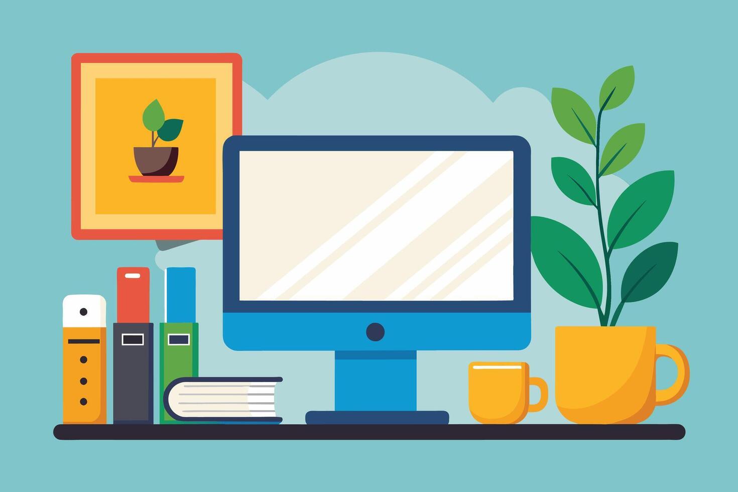 Illustration of a minimalist workspace featuring a computer monitor, books, a potted plant, and a coffee mug. vector