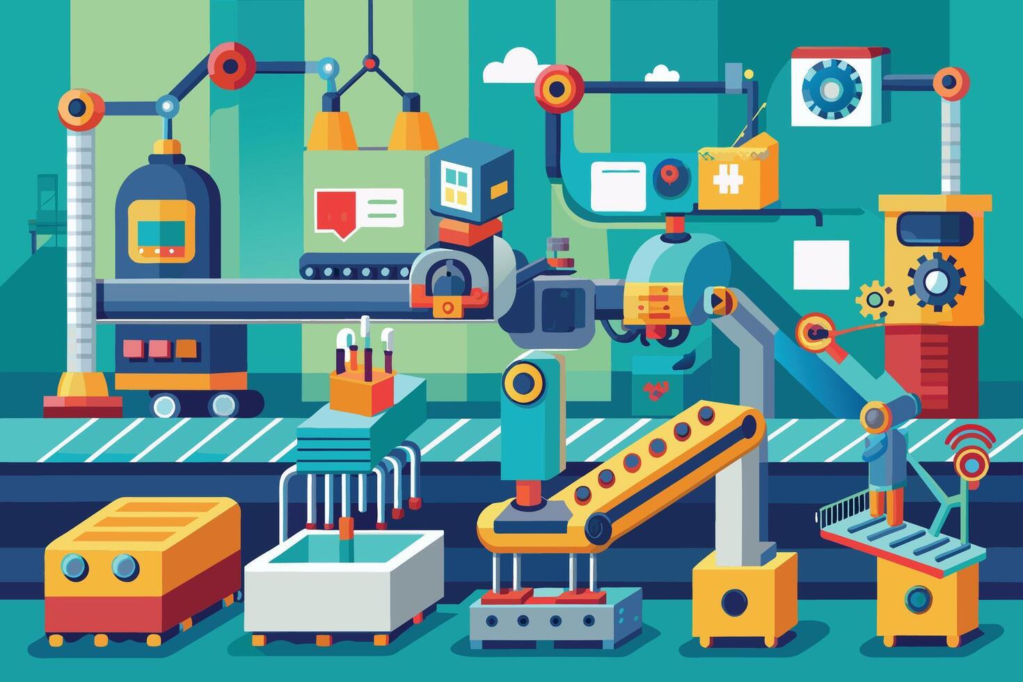 A cartoon illustration depicting a modern automated manufacturing assembly line with robotic arms, conveyor belts, and various machines. vector