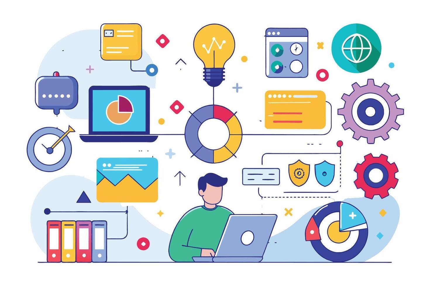 An illustration of a man working on a laptop, surrounded by colorful data visualizations, charts, and icons representing various business processes. vector