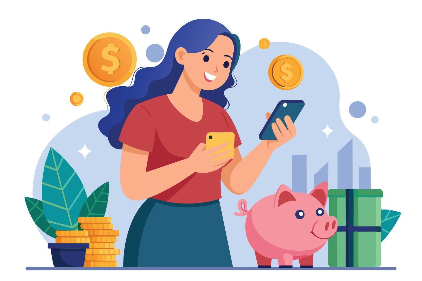 Illustration of a woman using a mobile app to manage her finances and investments, with a piggy bank, stack of coins, and dollar signs symbolizing savings and wealth. vector