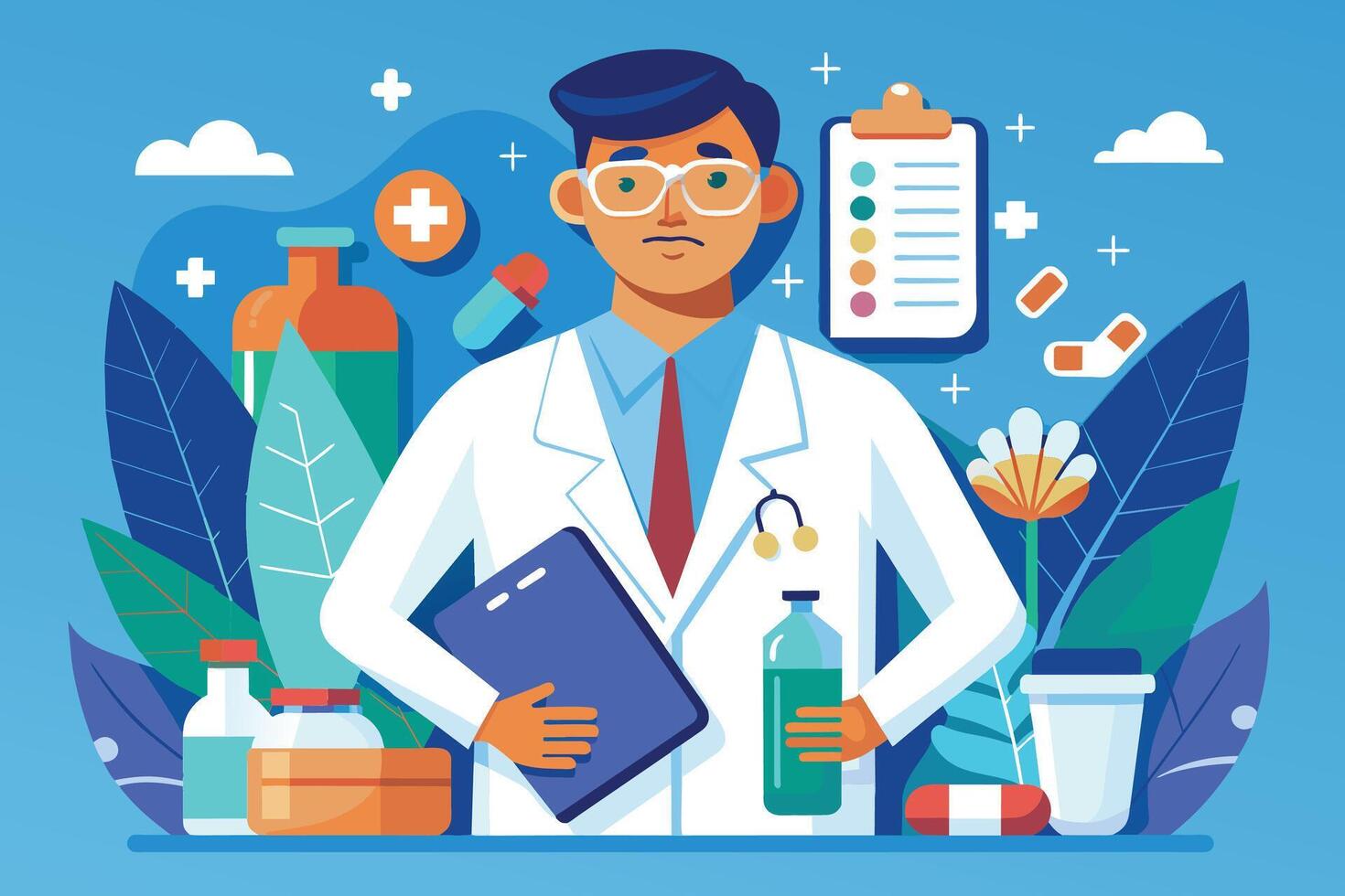 A doctor in a white coat is holding a clipboard and a bottle, with a stethoscope around his neck. He stands in front of a blue background with a checklist and various other medical supplies. vector