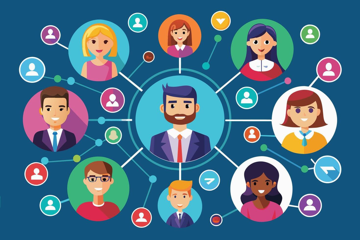 A colorful illustration depicting a network of professionals, each represented by a circular icon, connected by lines symbolizing their relationships. vector