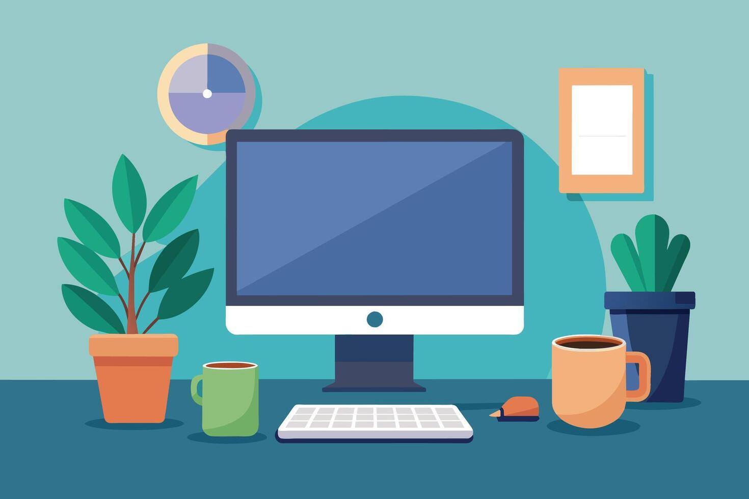 A modern home office workspace with a desktop computer, plants, a coffee mug, and a clock on the wall. vector