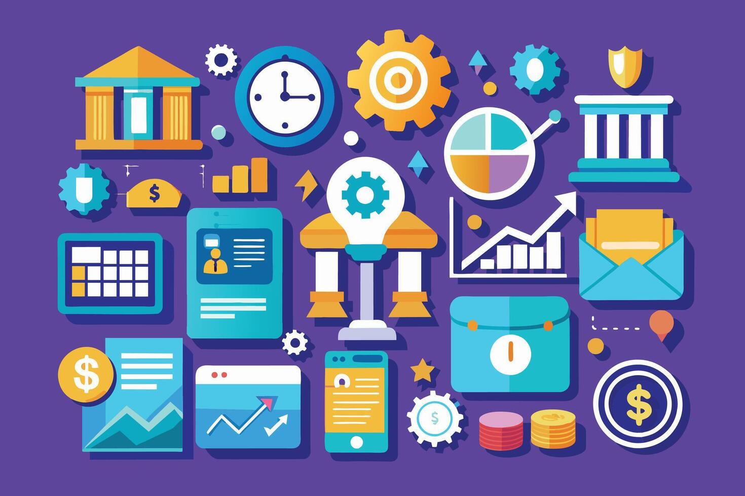 A vibrant, modern illustration featuring various flat design icons related to business and finance, including a bank building, clock, gears, graphs, charts, and money symbols. vector