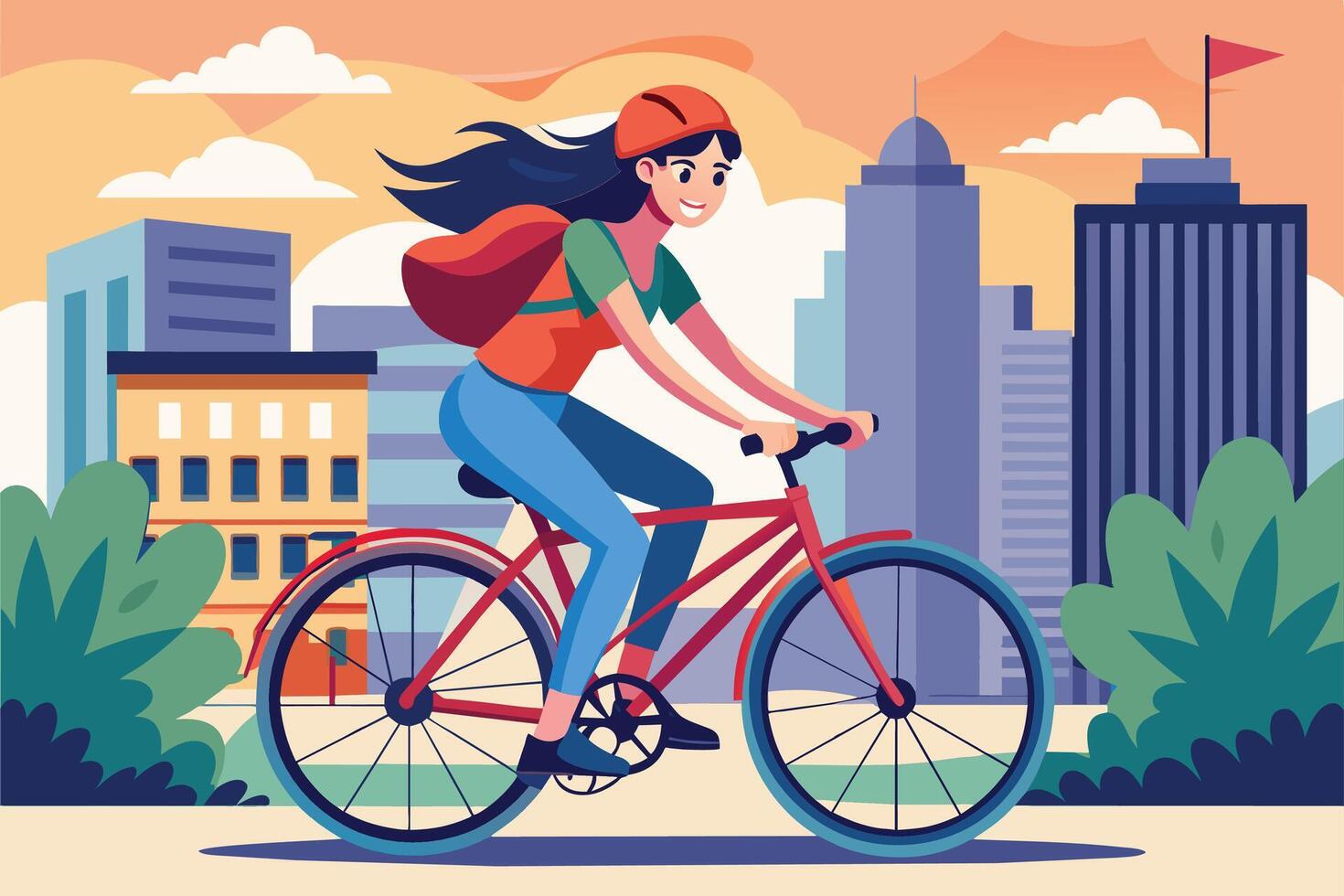 An illustration of a woman riding a bike down a city street, with tall buildings and trees in the background. The sun is shining and there are clouds in the sky. vector