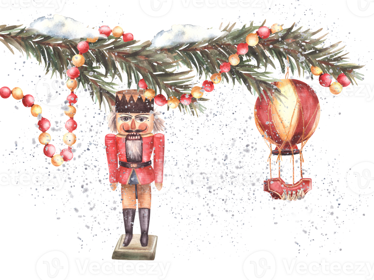 The Nutcracker, garland, hot air ballon under the snowy branch of Christmas tree toys. Traditional new year fir decoration. Watercolor hand drawn illustration Festive card template Isolated background png