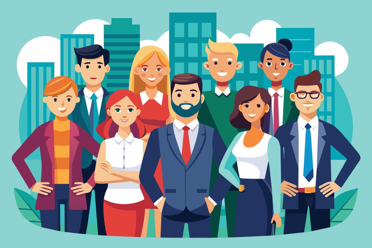 A group of diverse business professionals, including men and women of different ages, races, and ethnicities, stand confidently in front of a cityscape. vector