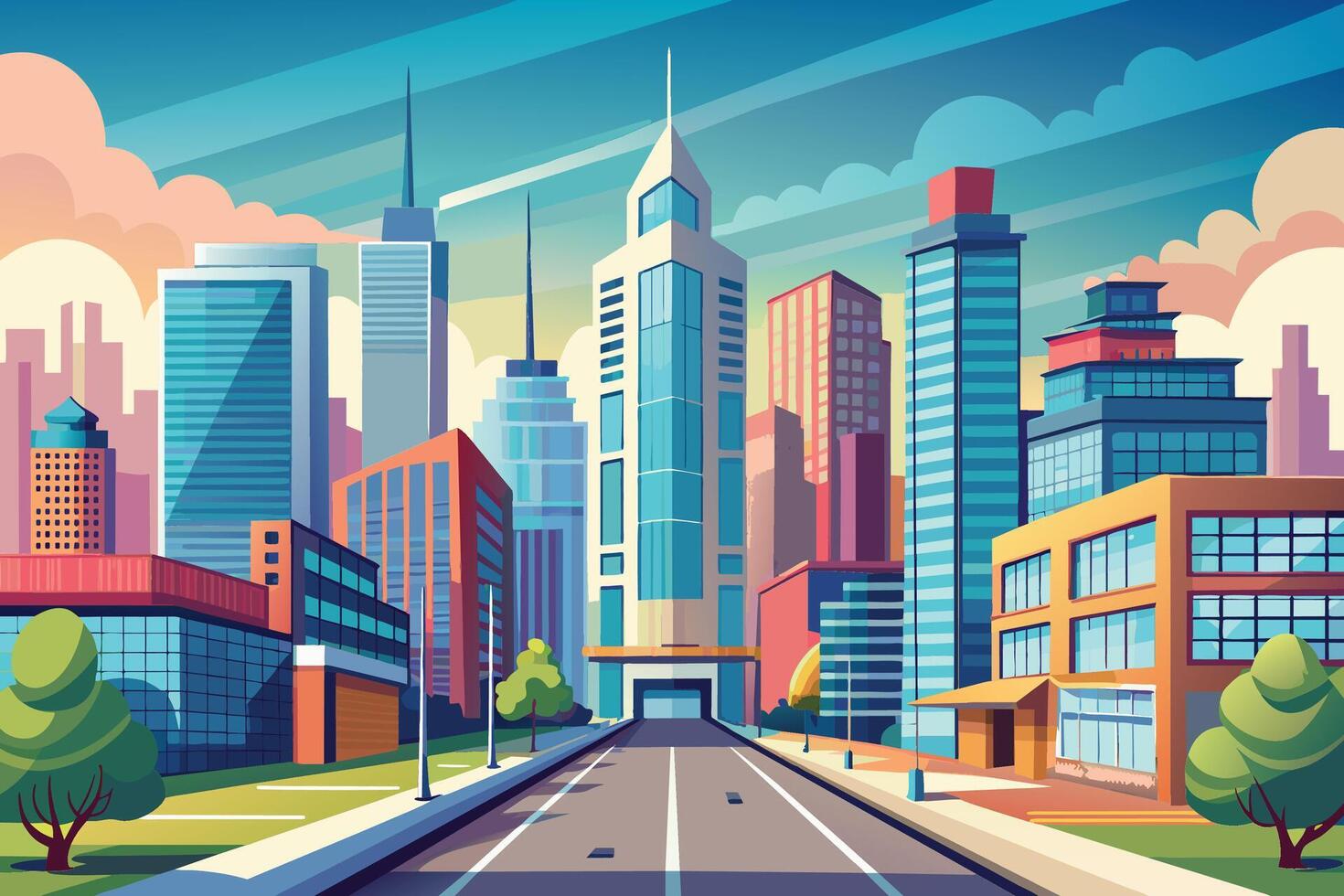 A cartoon cityscape with tall buildings, street, and trees. vector