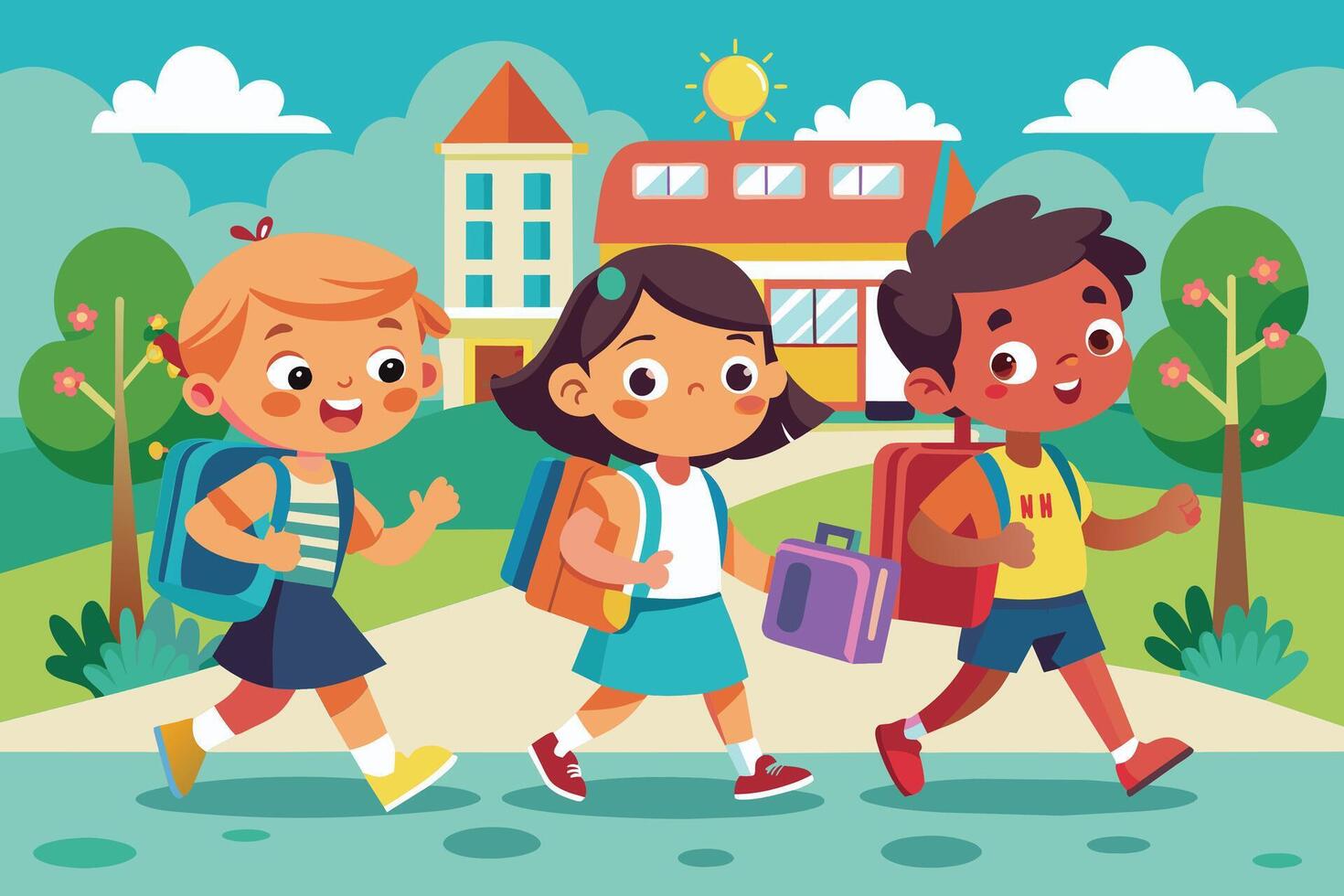Three smiling children with backpacks walk towards a school building on a sunny day. vector