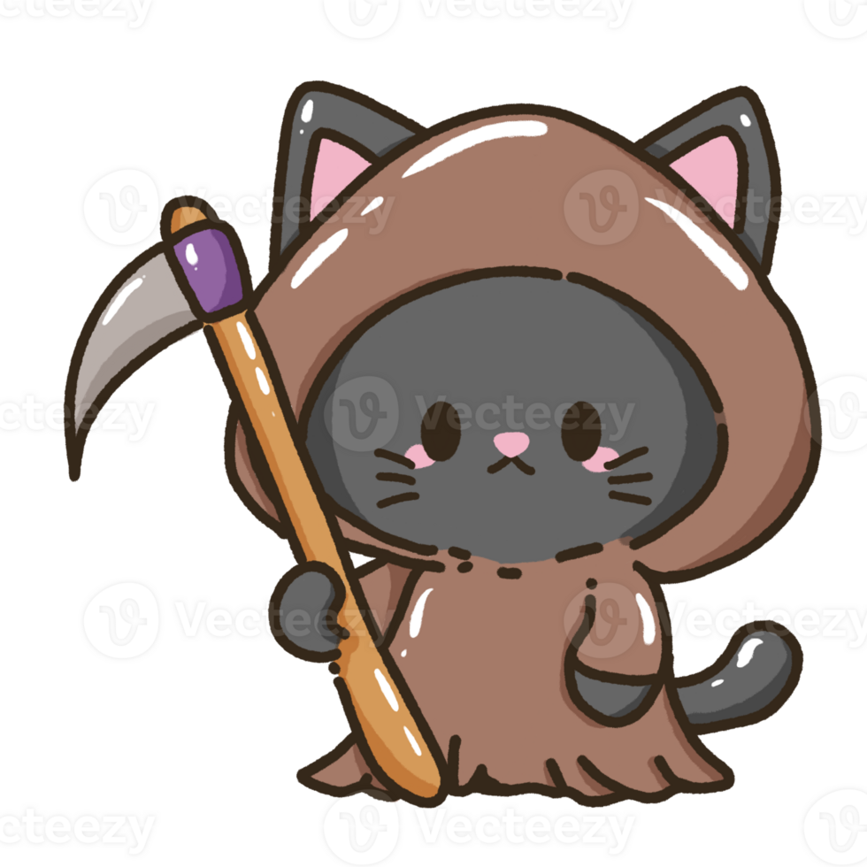 Hand drawn illustration kawaii black cat halloween themed dressed as a grim reaper holding a scythe png