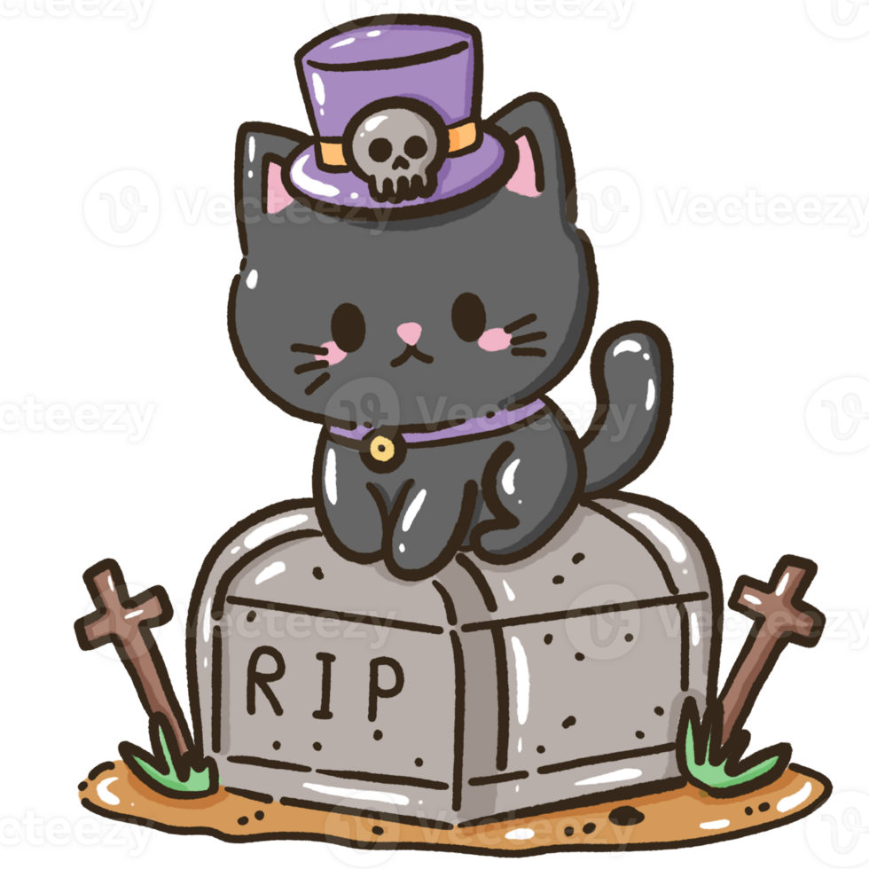 Hand drawn illustration kawaii black cat halloween themed dressed as a grim reaper sitting a big tombstone png