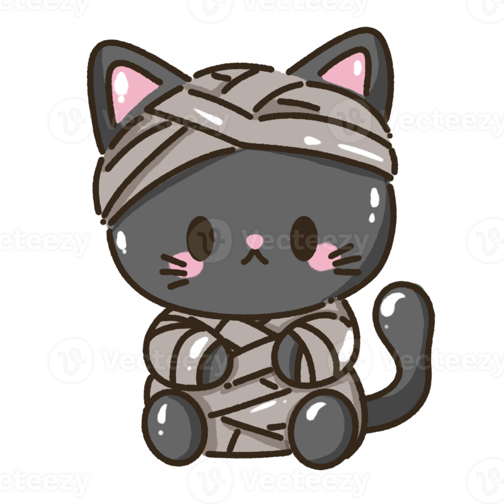 Hand drawn illustration kawaii black cat halloween themed wrapped up like a mummy png