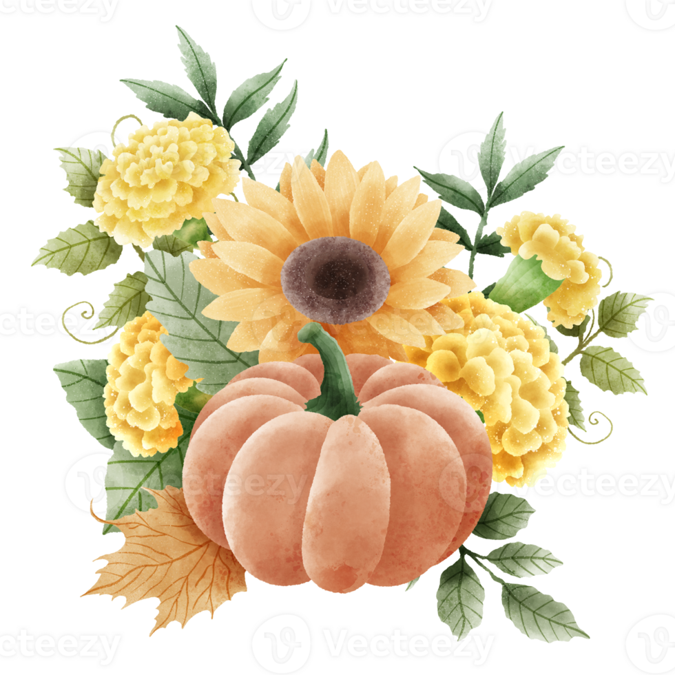 Watercolor Hand drawn illustration Rustic watercolor autumn pumpkin sunflower marigold flowers maple foliage fall bouquet Arrangement. png