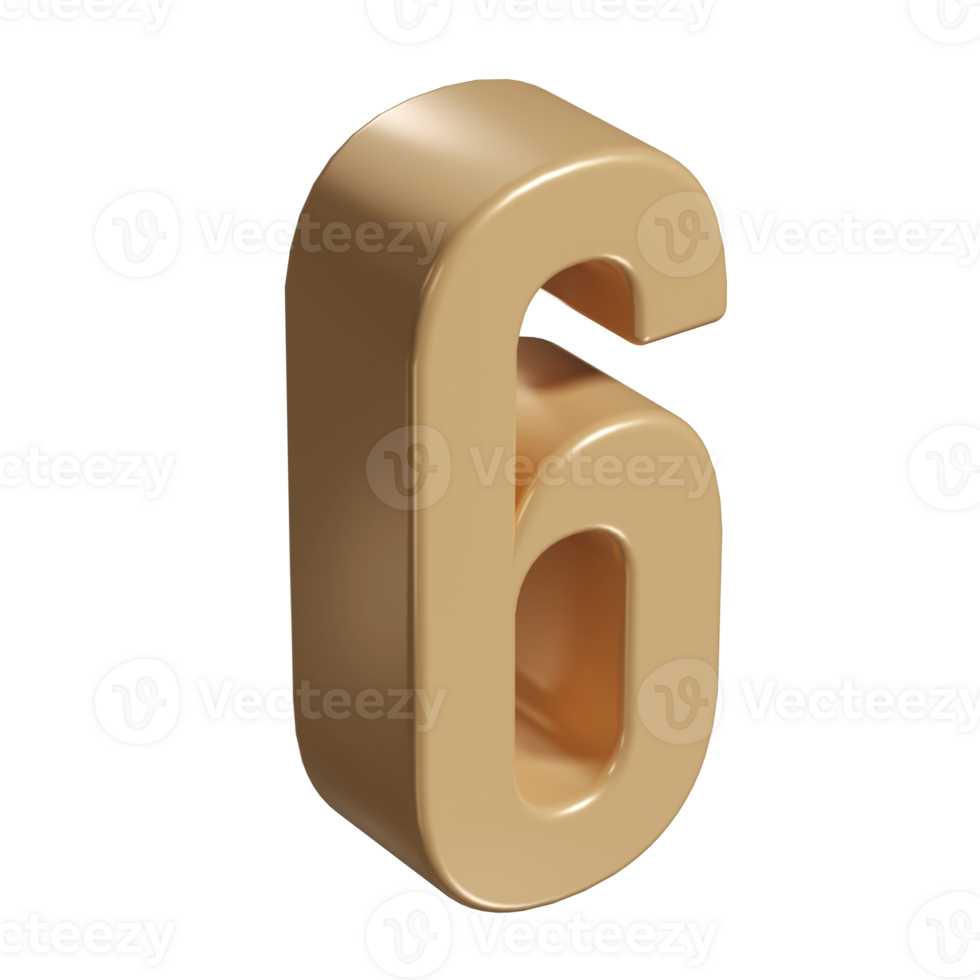 3d number six 6 golden or bronze shining typography symbol or sign template, realistic illustration. Gold sixth digit or figure for numbering png