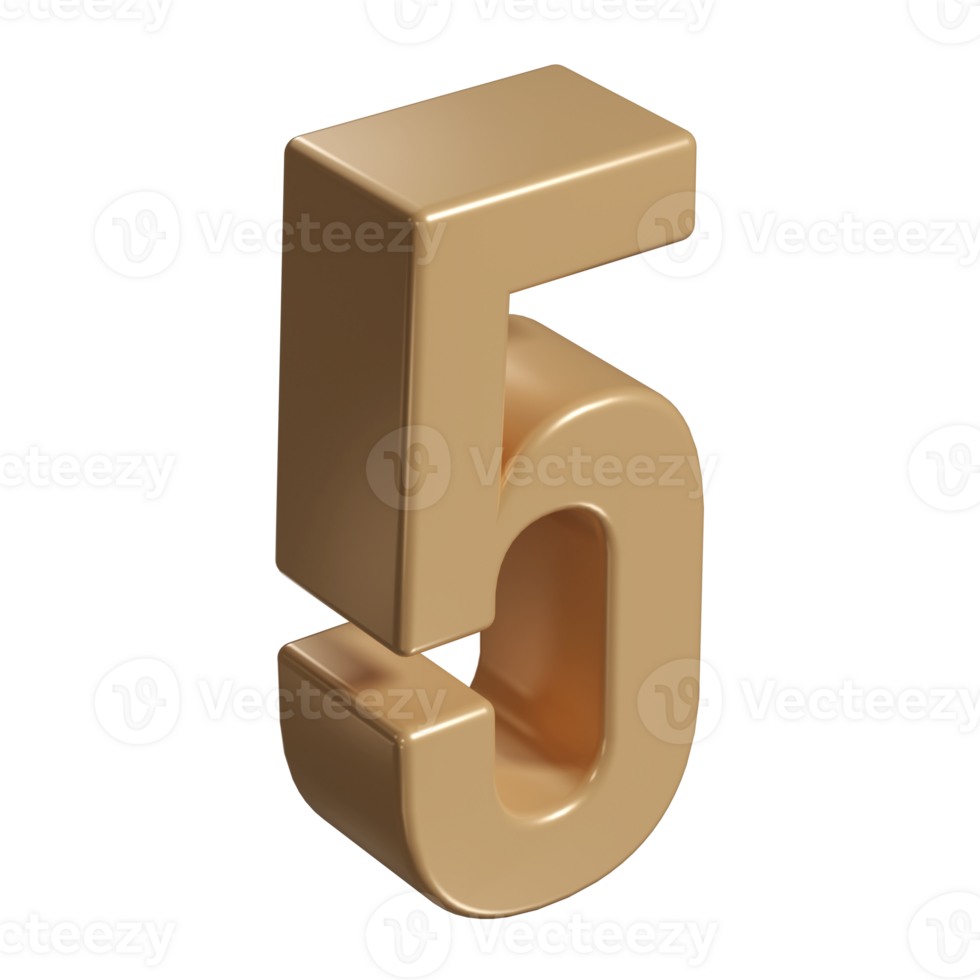 3d number five 5 golden or bronze shining typography symbol or sign template, realistic illustration. Gold fifth digit or figure for numbering png