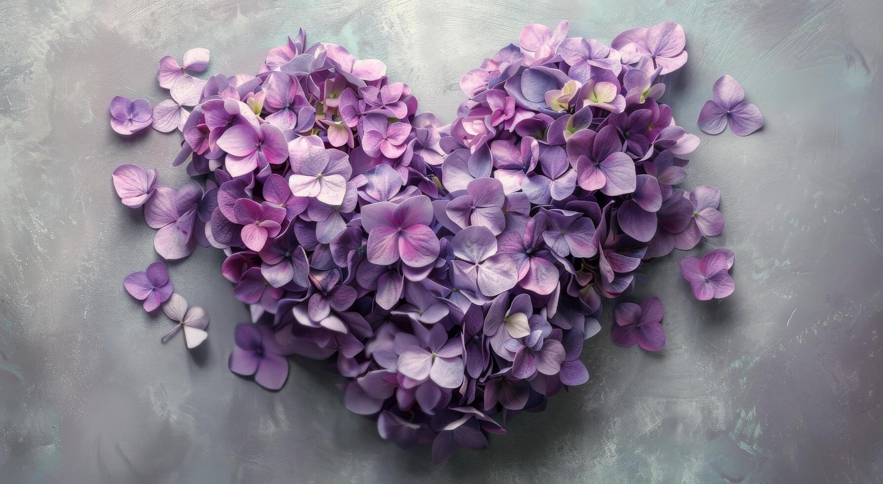 Purple Hydrangea Flowers Arranged In Heart Shape On Grey Background photo