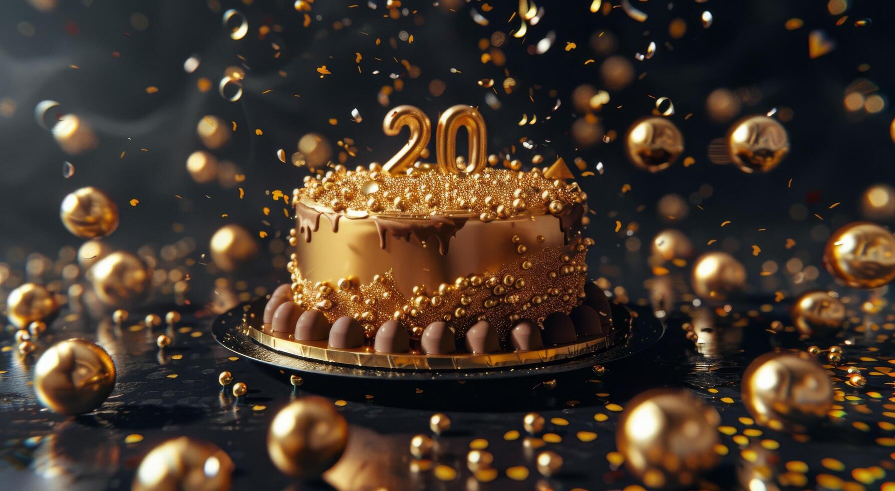 Golden 20th Birthday Cake With Confetti photo
