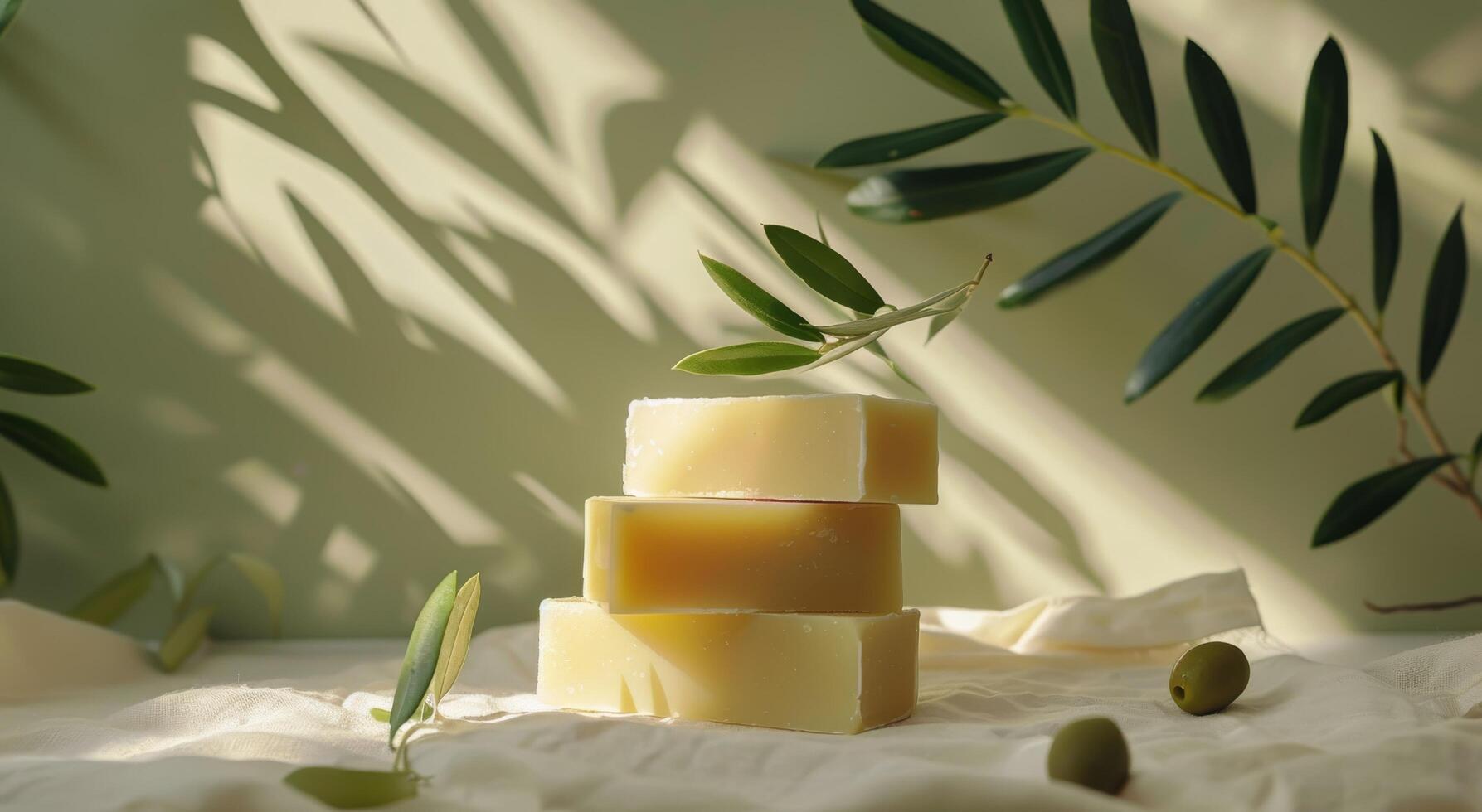 Natural Soap Bars Resting on White Fabric With Olive Branches photo