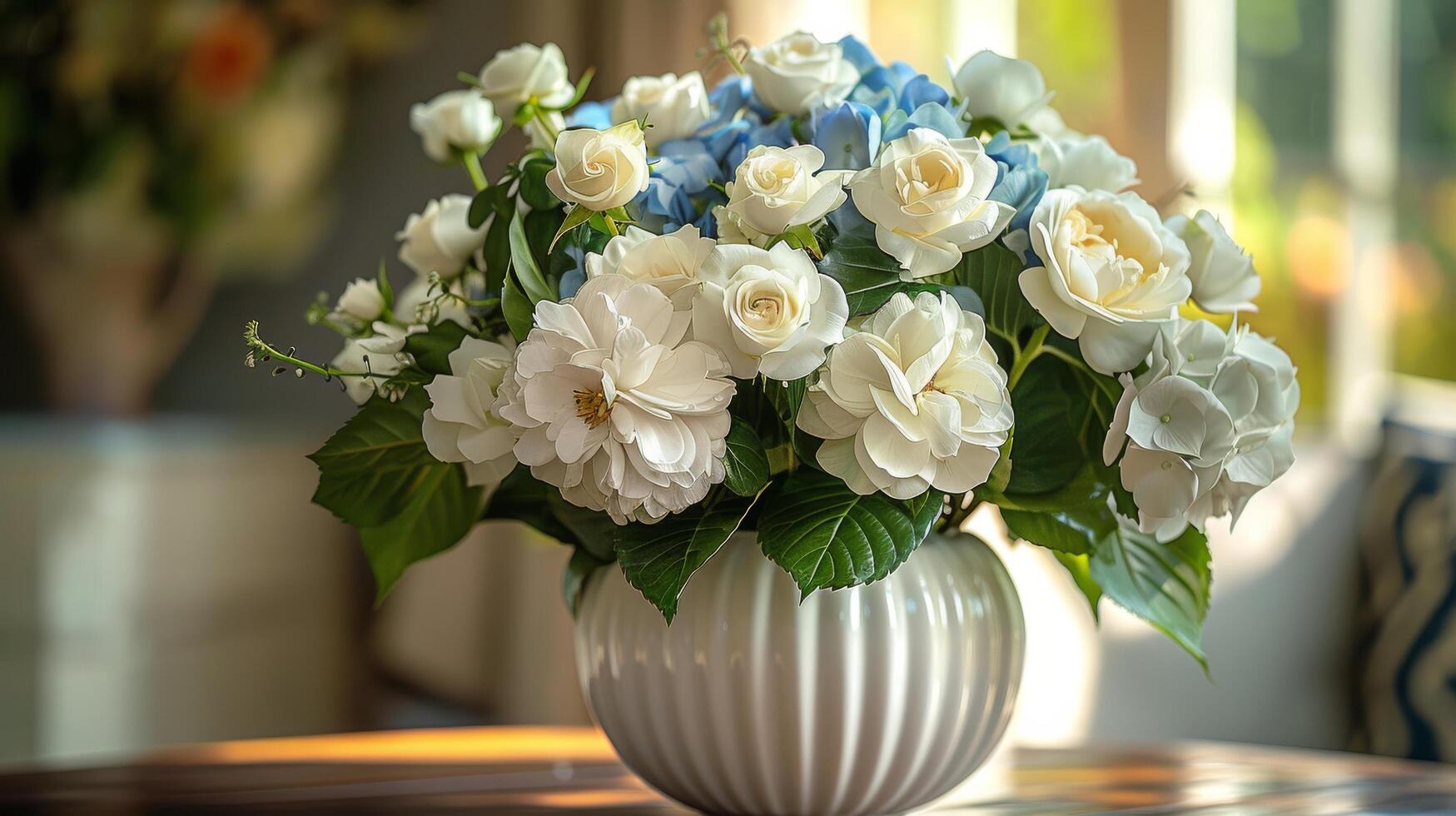 White Hydrangea Bouquet In A Striped Vase On A Table In A Modern Home photo