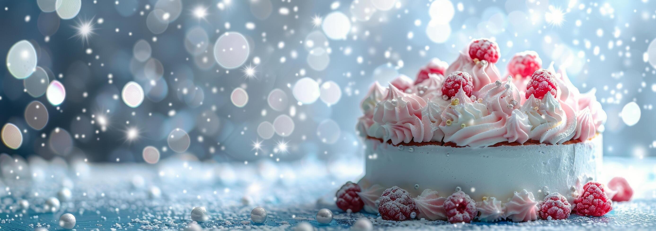 Festive White Cake With Whipped Cream and Cherries on a Snowy Tabletop photo