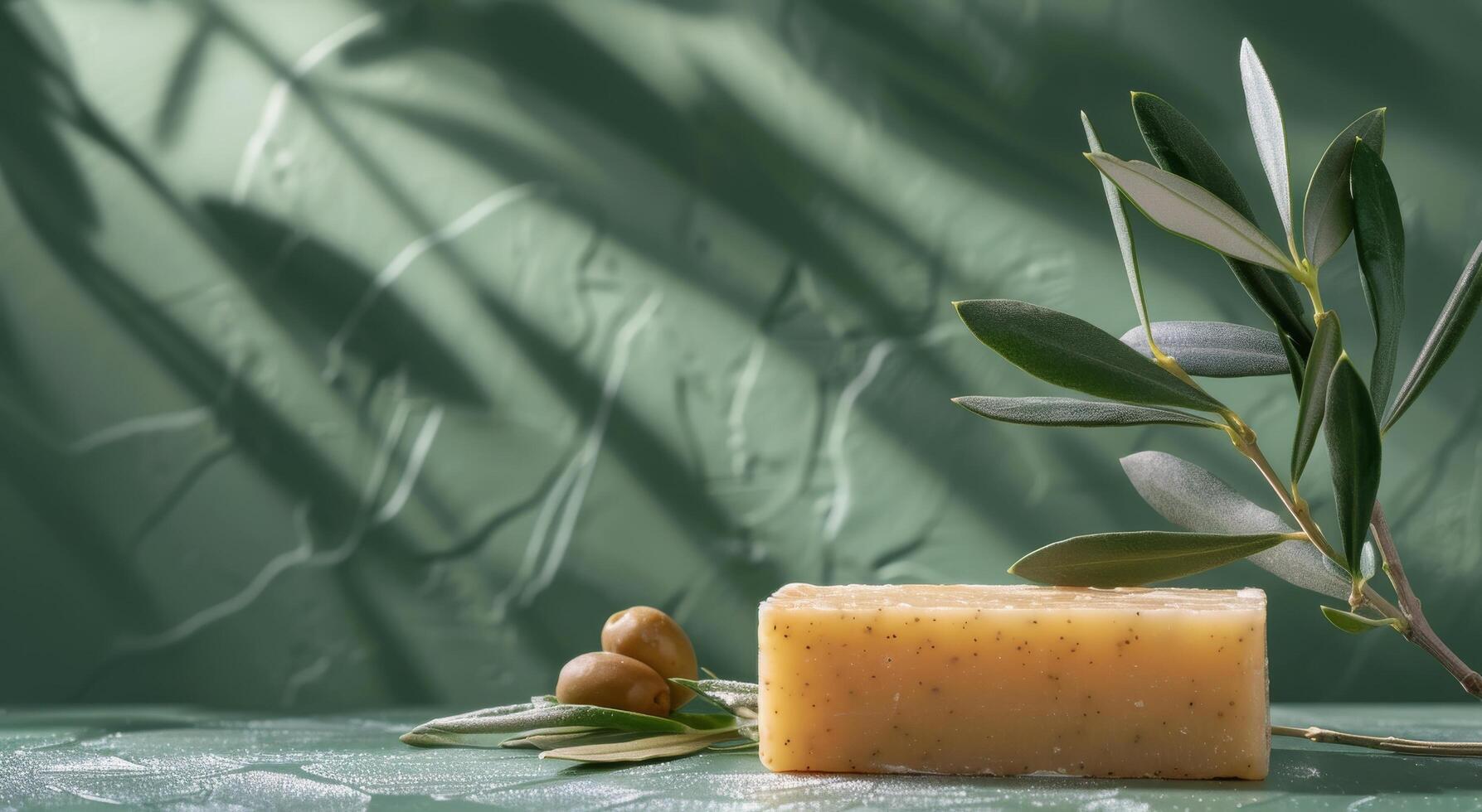 Natural Handmade Olive Oil Soap Bar With Green Leaves on a Rustic Tabletop photo