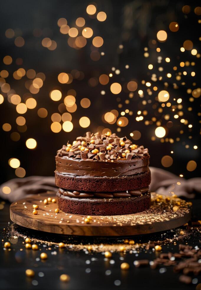 Two Chocolate Cakes With Gold Accents on Rustic Table With Twinkle Lights photo