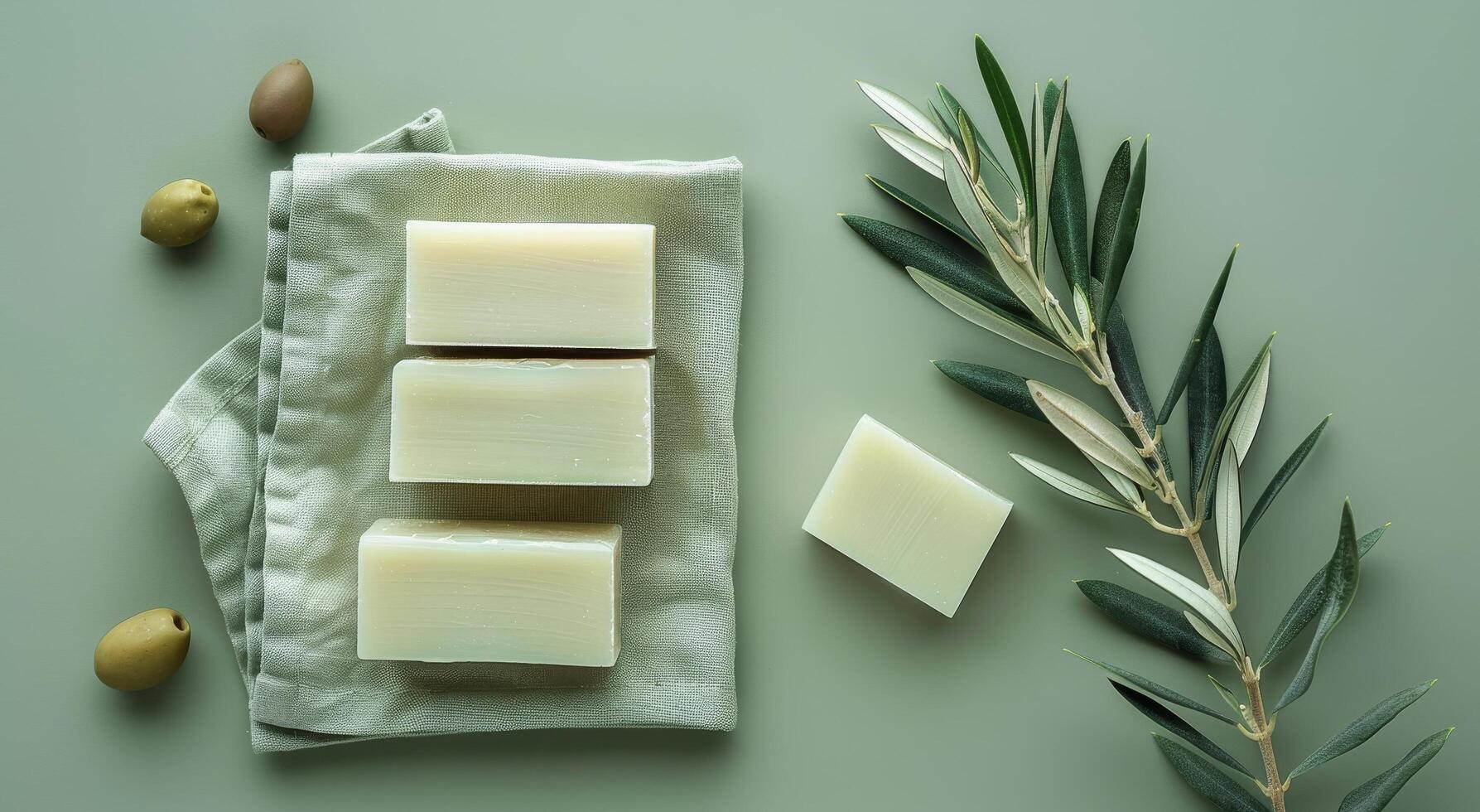 Stacked Olive Oil Soap Bars With Olive Branch and Towel on Green Background photo