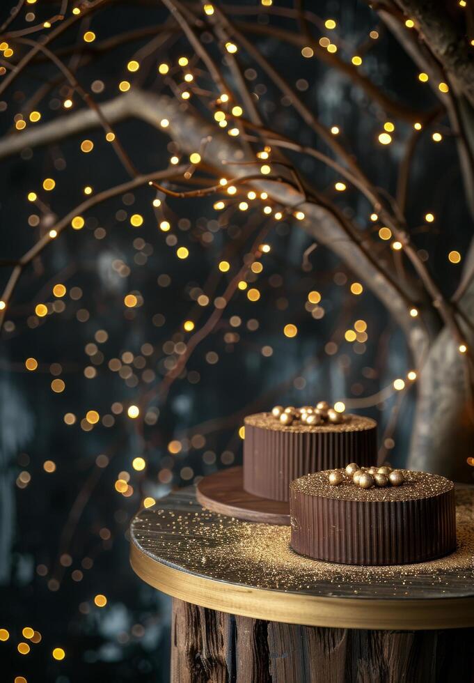 Two Chocolate Cakes With Gold Accents on Rustic Table With Twinkle Lights photo