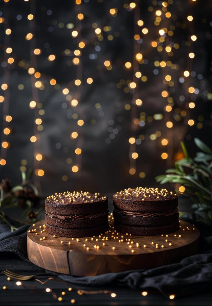 Two Chocolate Cakes With Gold Accents on Rustic Table With Twinkle Lights photo
