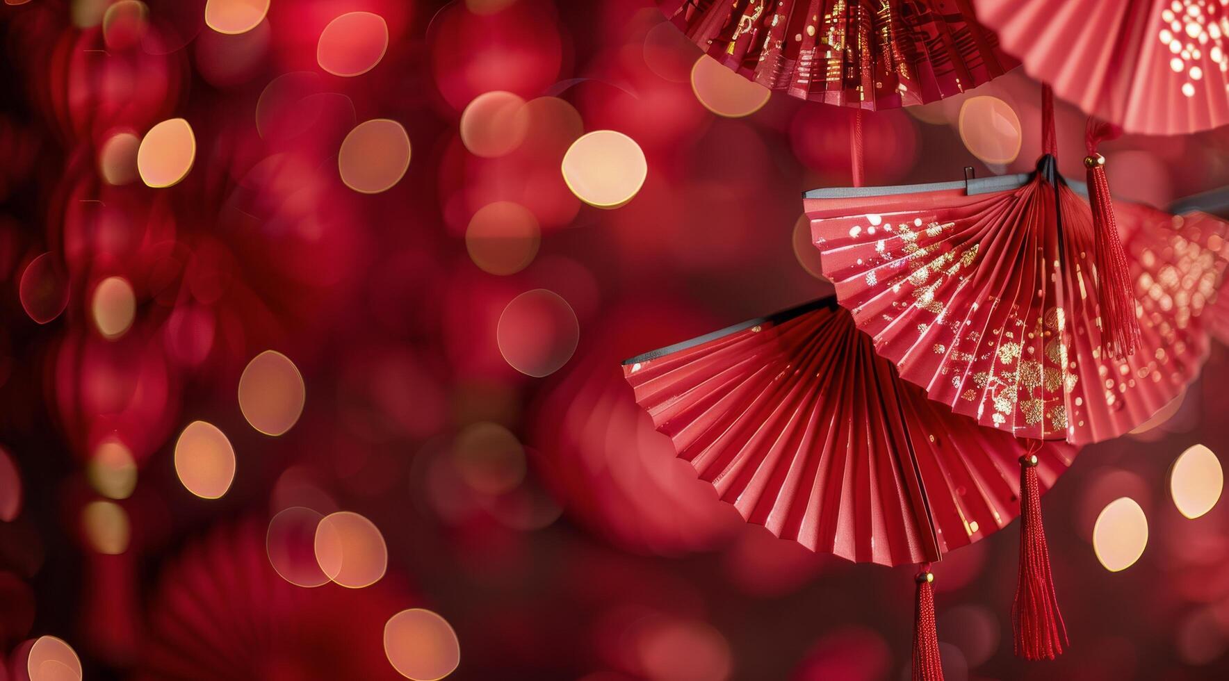 Red Folding Fans Hanging Against a Bokeh Background photo