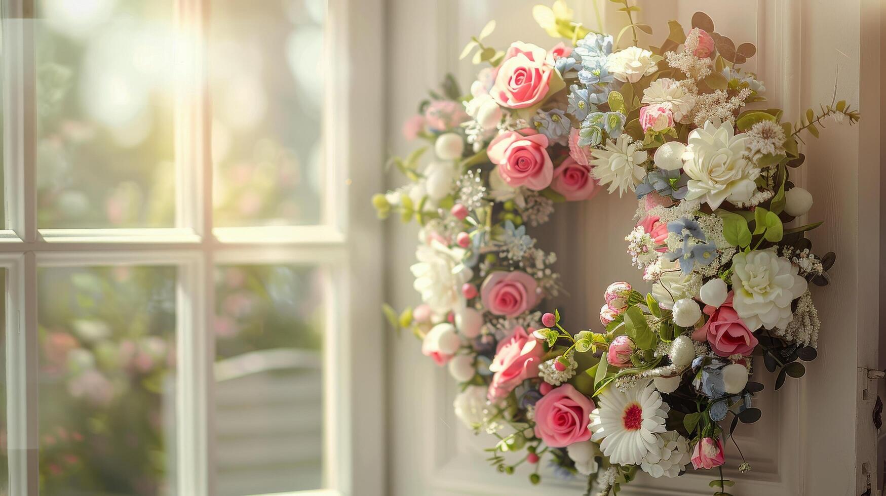 Delicate Pink and White Flower Wreath Hanging on a Window in Springtime photo