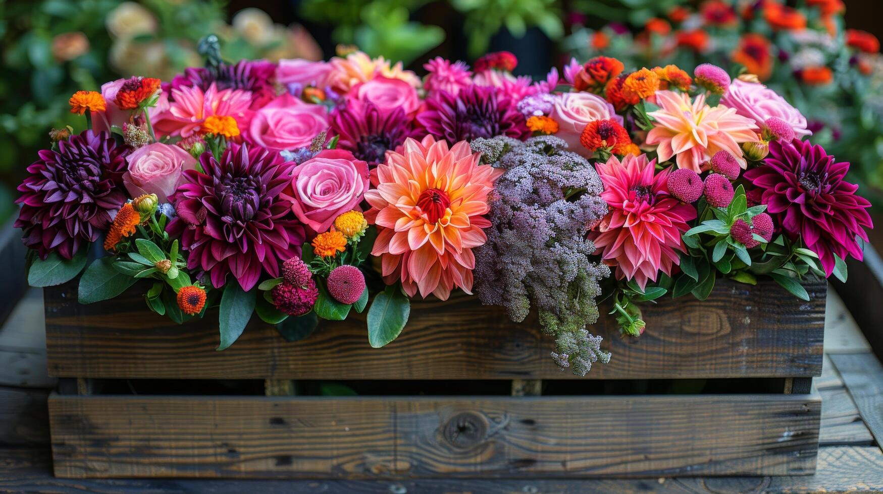 Colorful Flower Arrangement in Wooden Crate Against Dark Background photo
