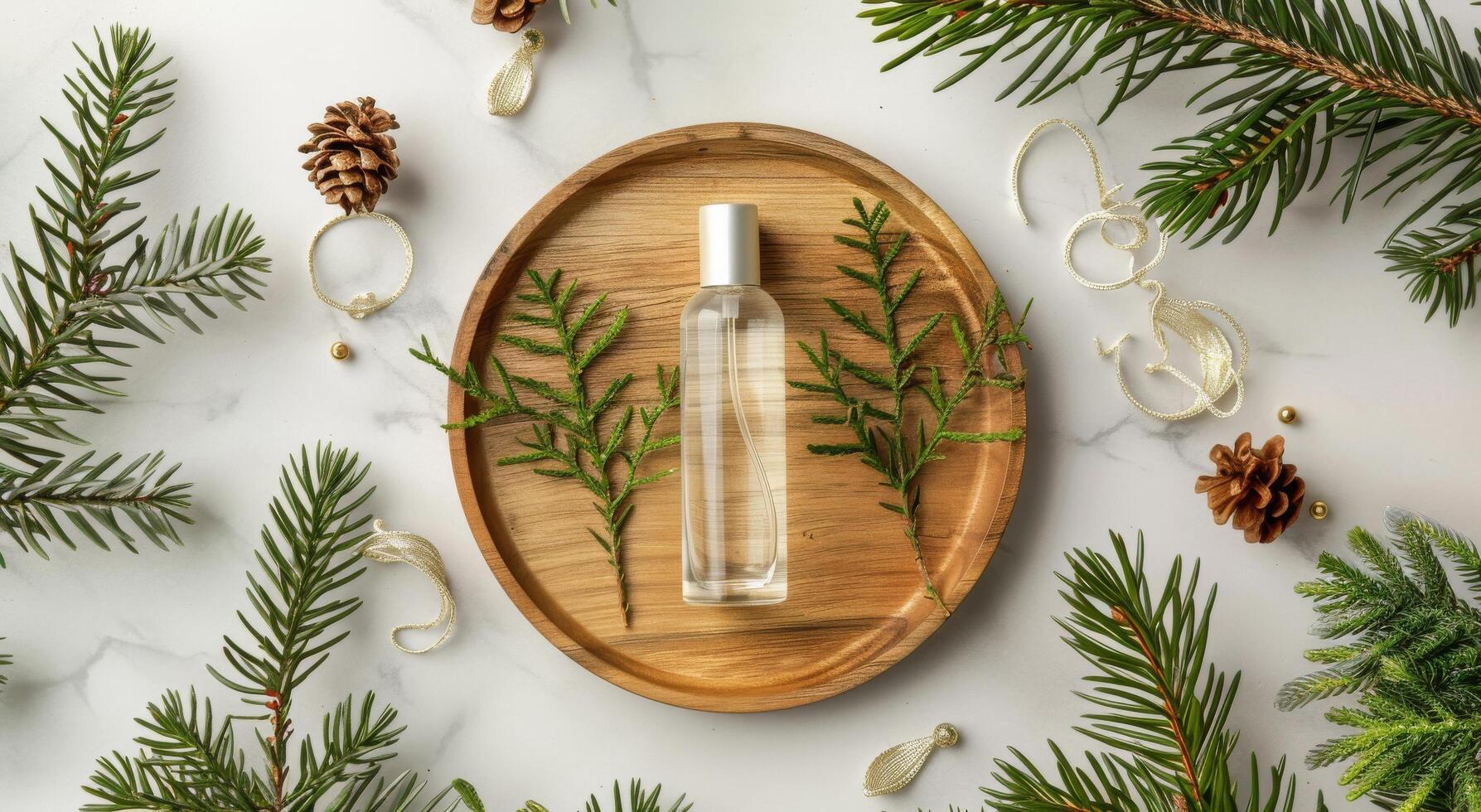 Glass Bottle of Perfume on Wooden Tray With Pine Branches and Sunlit Background photo