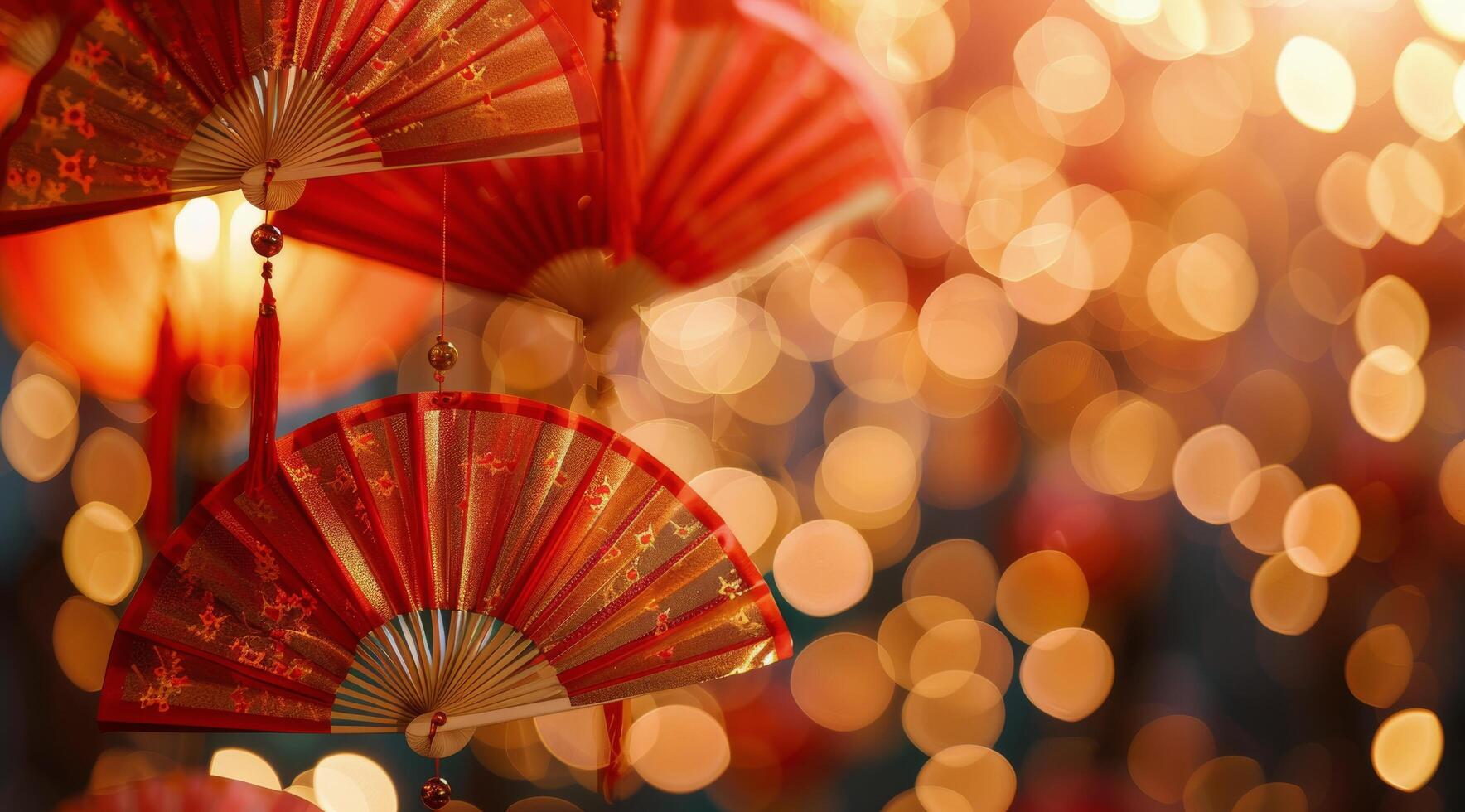 Red Paper Fans and Ornaments Decorate a Christmas Tree With Warm Bokeh Lights photo