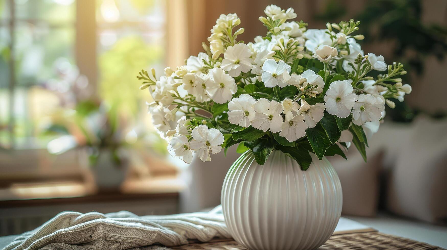 White Hydrangea Bouquet In A Striped Vase On A Table In A Modern Home photo